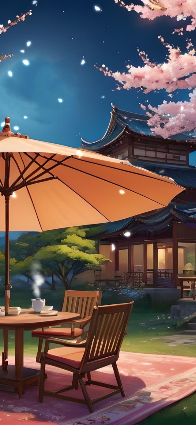 夜晚湖边樱花小屋