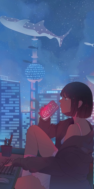 城市夜景床窗边少女