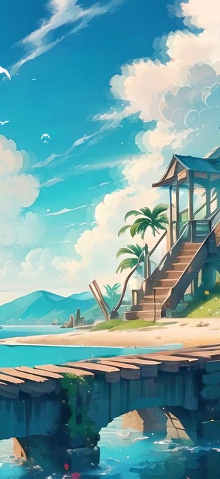 夏日海边小屋栈道