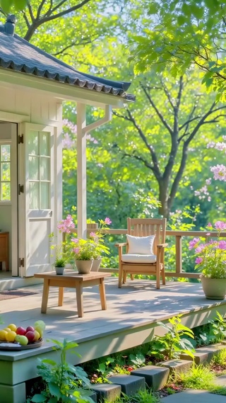 春日花园里的白色小屋