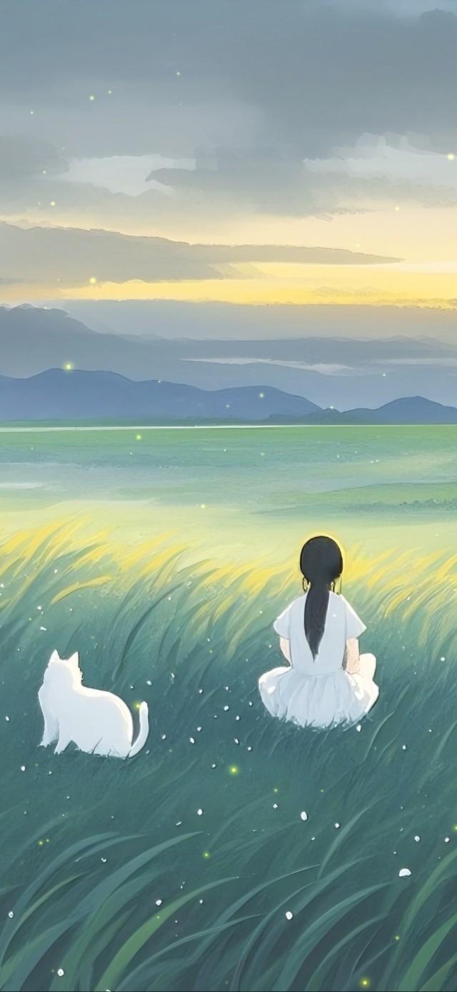 草原上看夕阳的少女和猫咪
