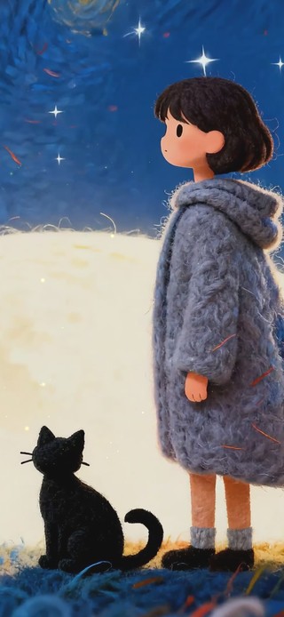 梵高星夜黑猫少女