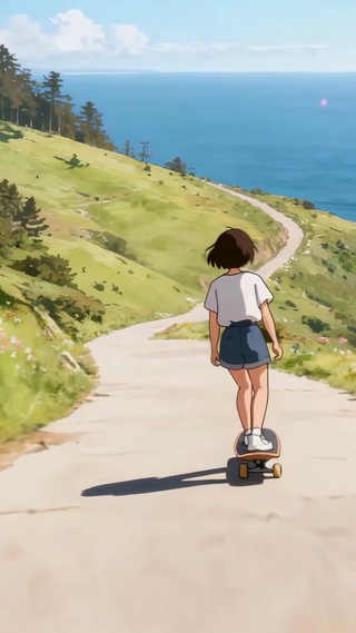 蓝海草道的滑板追光女孩治愈海岸