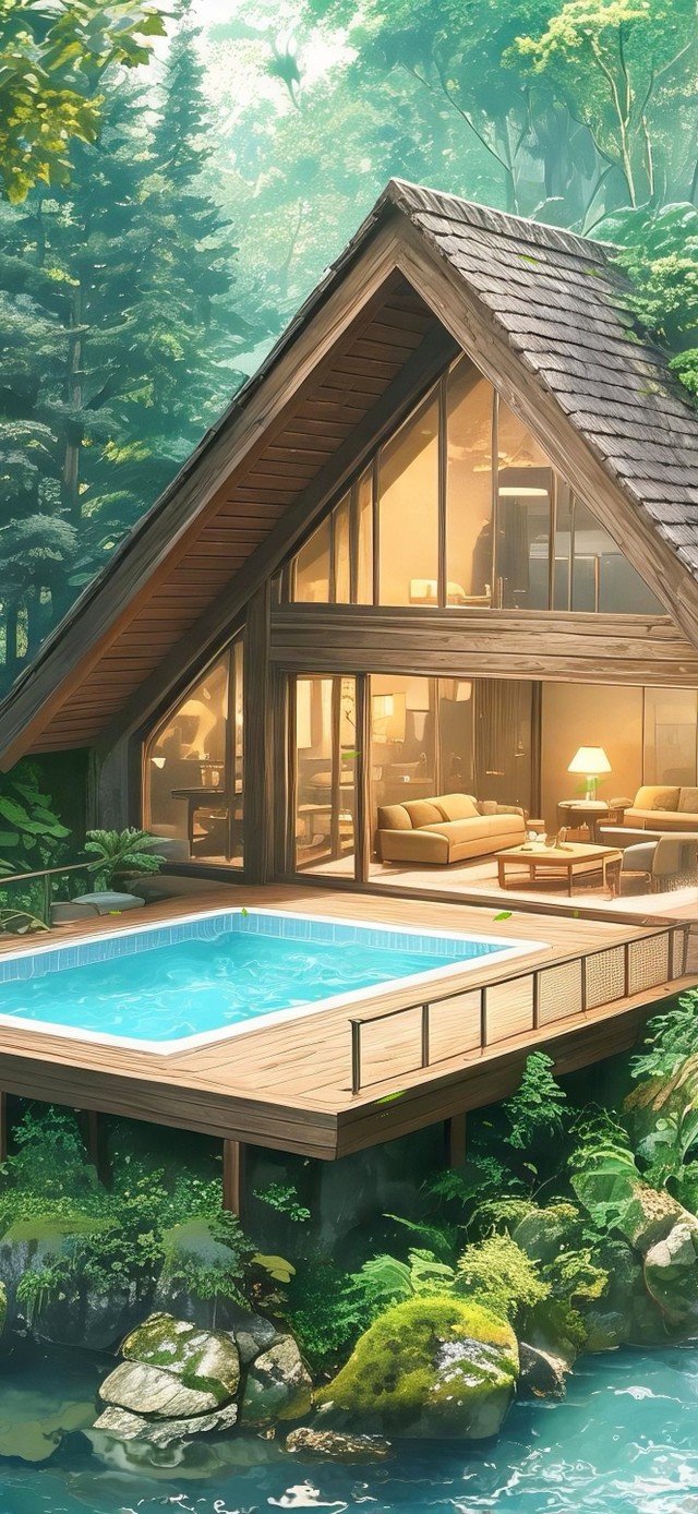 森林中的泳池小木屋
