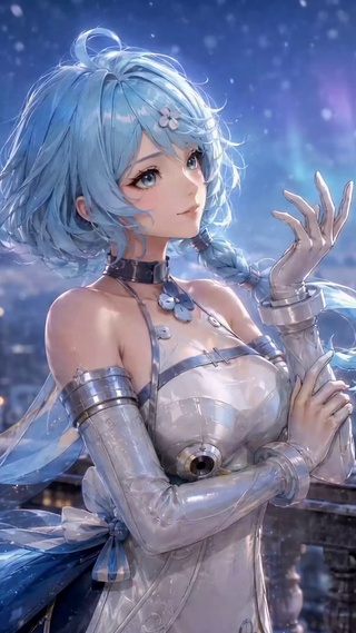 雪景极光蓝发二次元美少女