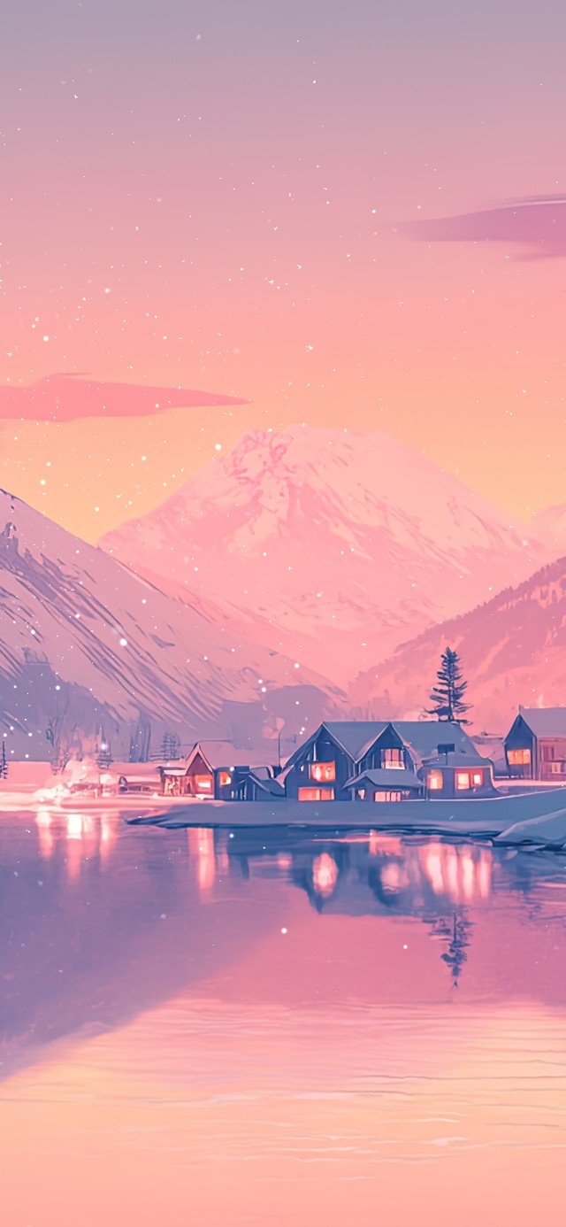 粉色雪山静谧小镇