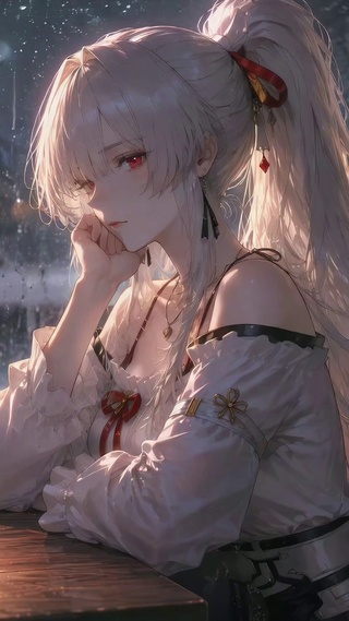 雨天咖啡馆白发红瞳美少女绯雪