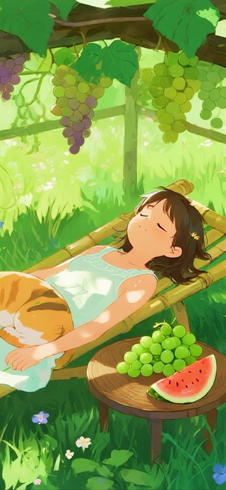 葡萄架下乘凉的女孩