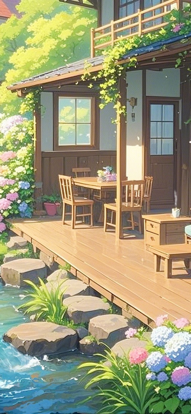 溪边绣球花小屋