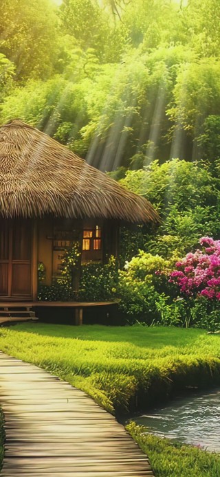 竹林唯美茅草屋