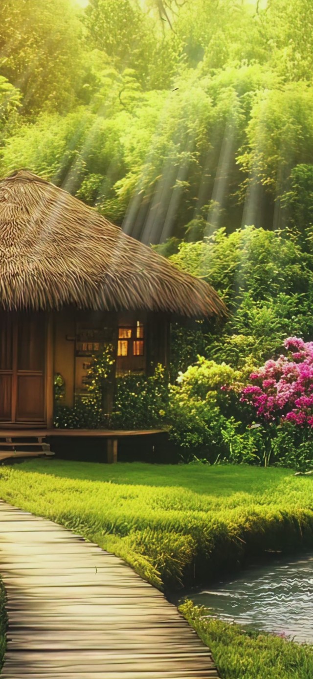 竹林唯美茅草屋