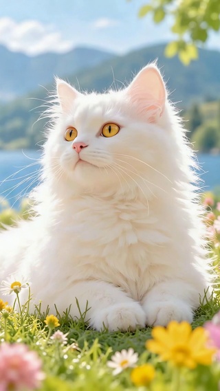 湖畔花丛中的纯白长毛猫