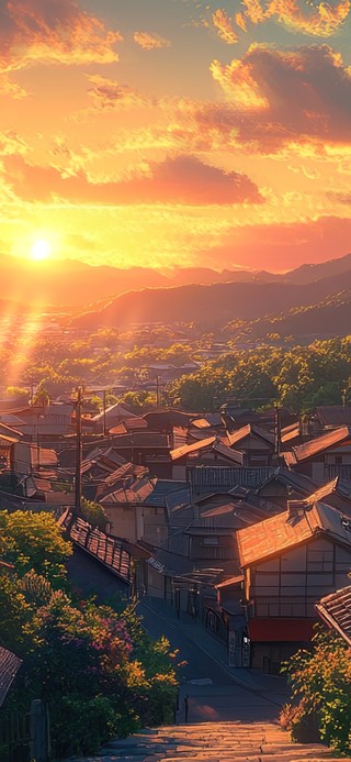 俯瞰落日下的古镇