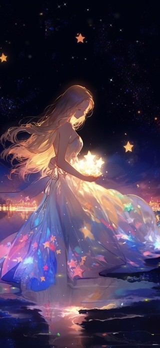 4K 夜空下捧星的少女