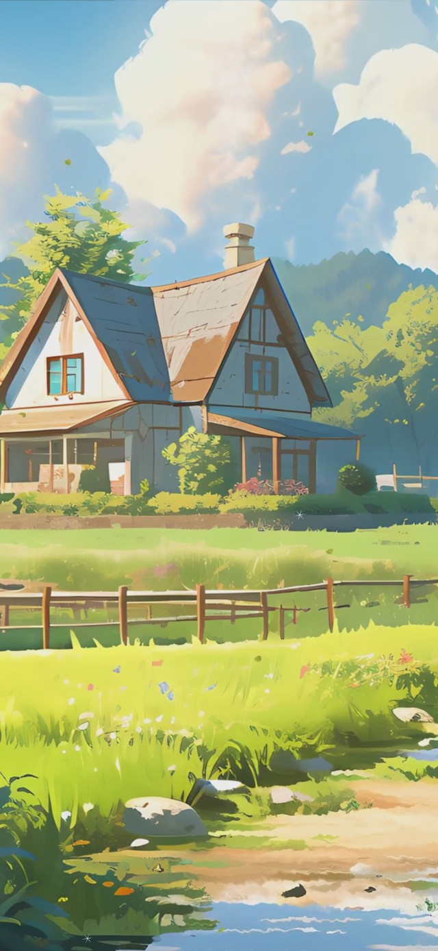 护眼蓝天白云花草树木房屋景色