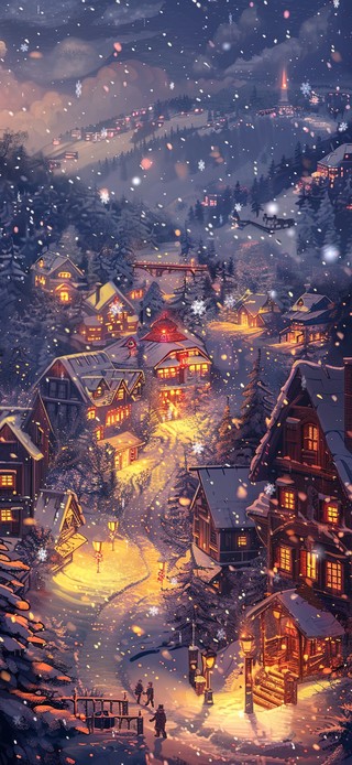 圣诞夜雪景小镇