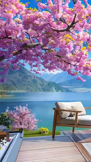 蓝天白云樱花树木海景