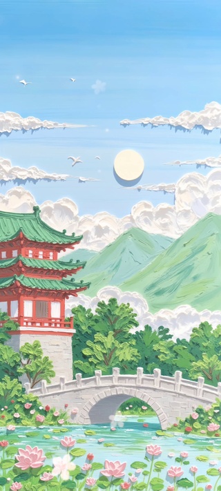 夏荷飞鸟晴云伴