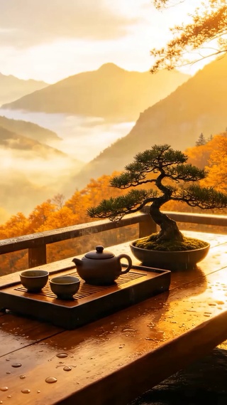 国风秋天山顶雨景