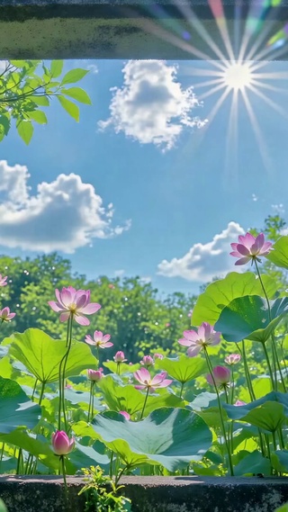 晴日荷花框景清新自然风景