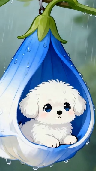 雨天喇叭花下小狗