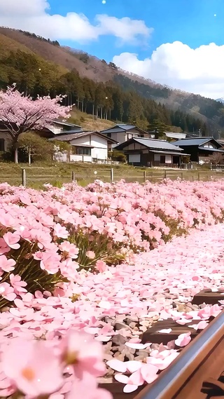 雪山樱花树木房屋