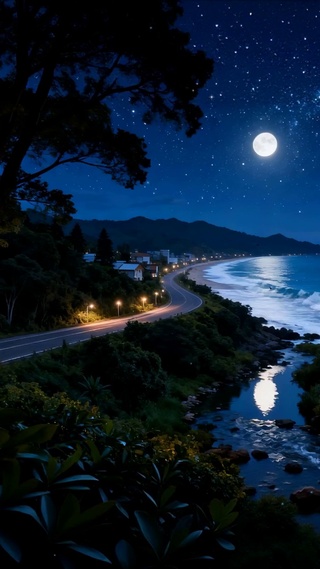 夜景房屋海景树木