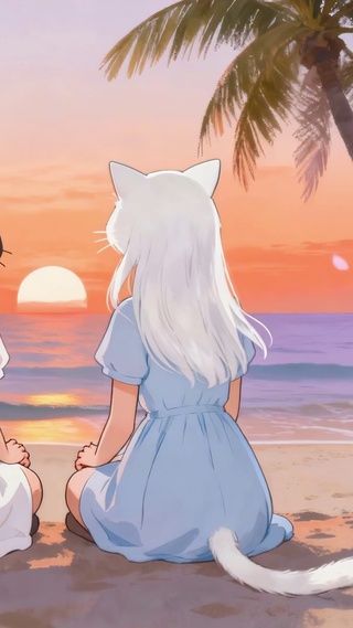 黑白猫耳女孩海边落日氛围感
