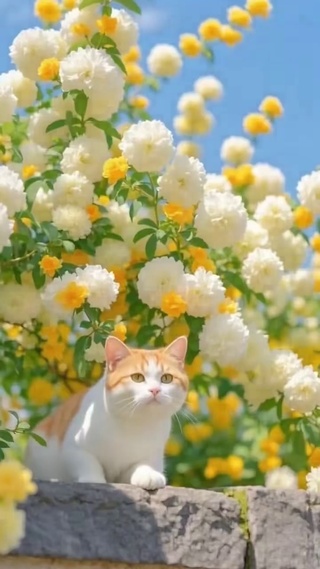 绣球花下橘白猫