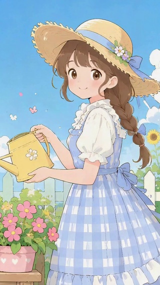 清新田园浇花少女