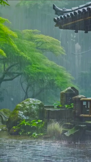 古风雨天江南小屋
