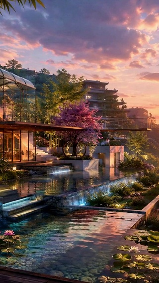 山居晚霞庭院