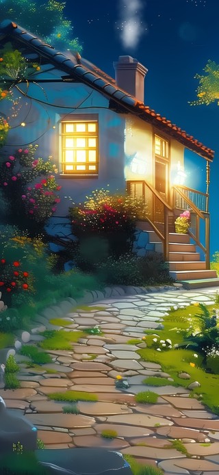 明月夜晚海边小屋