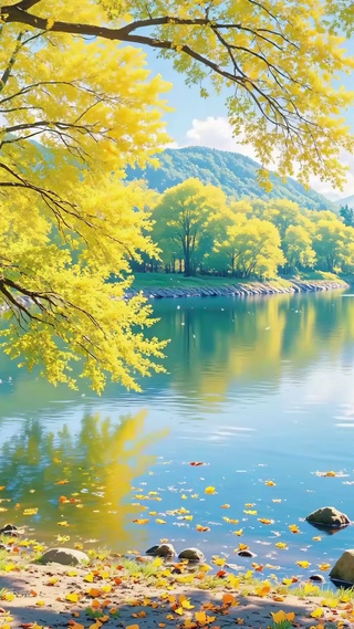 氛围感秋天小清新湖泊落叶