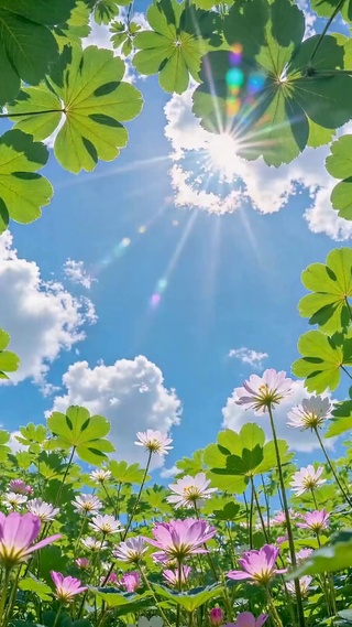晴空下的仰拍清新花海