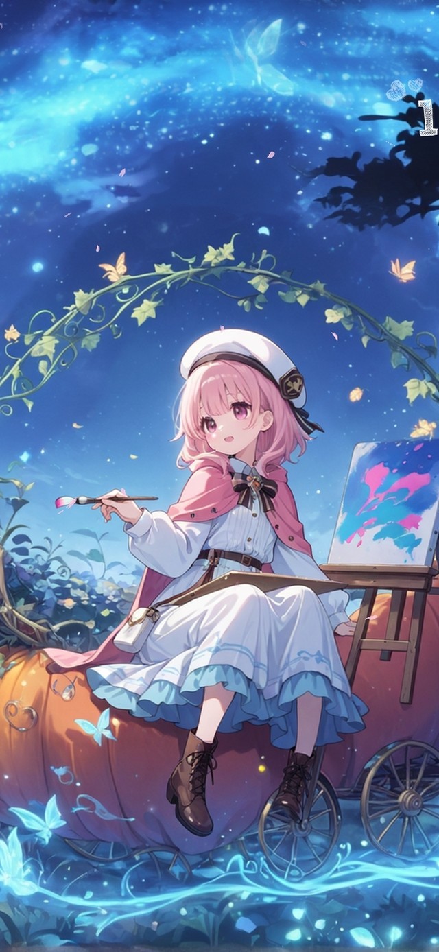夜晚南瓜车绘画少女