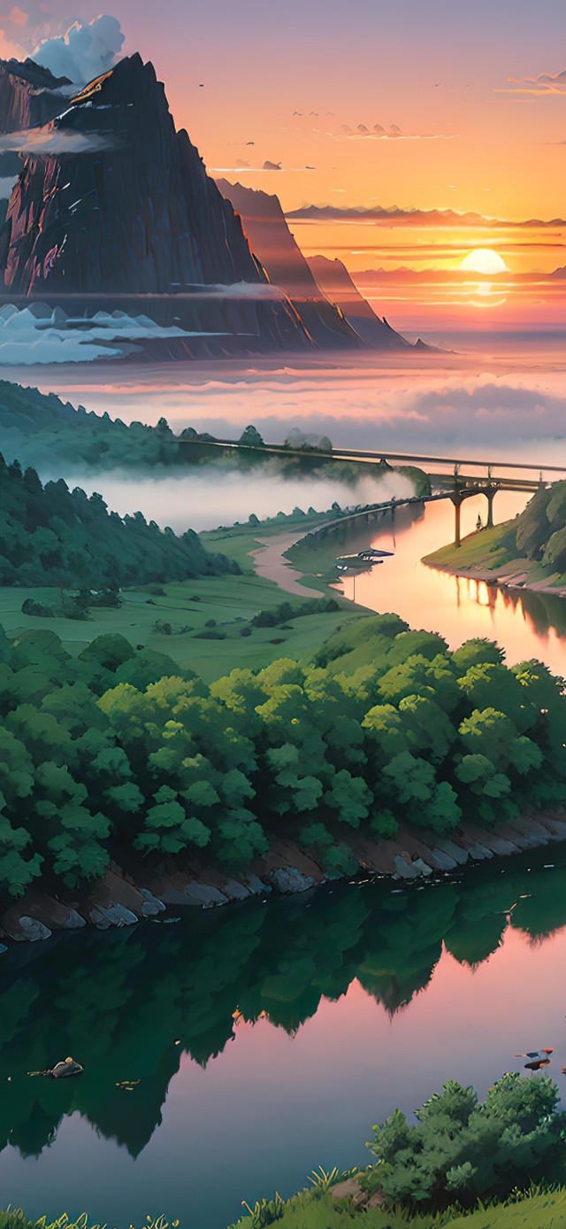 4K唯美落日晚霞高山河流美景