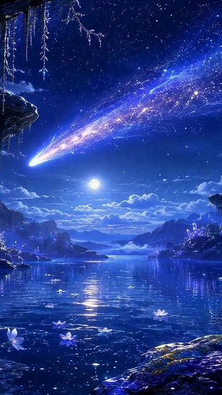 梦幻星空蓝水晶河畔夜景