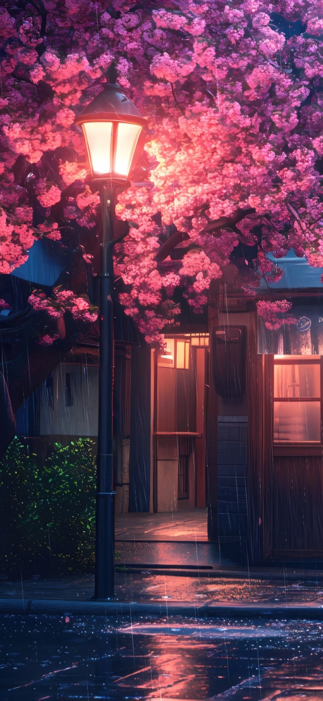 唯美雨夜樱花小店