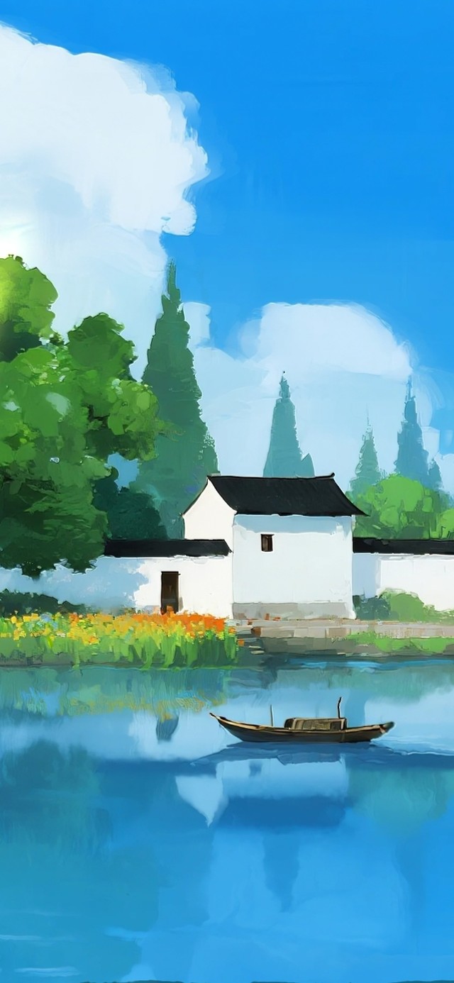 蓝天水乡古镇河畔