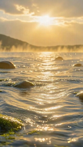 暖光夕阳河畔治愈风景