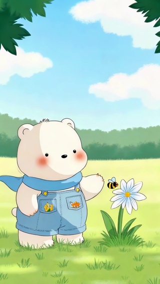 春日草地上的围巾小白熊