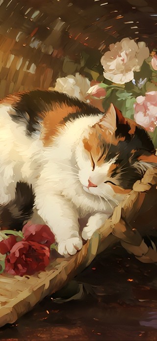 复古厚涂 箩筐中的三花猫