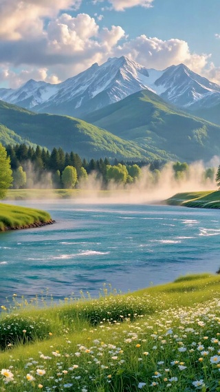 清新治愈河谷雪山风景
