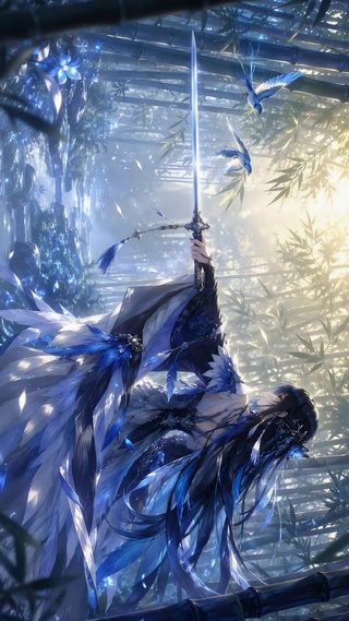 蓝调竹林持剑古风美少女