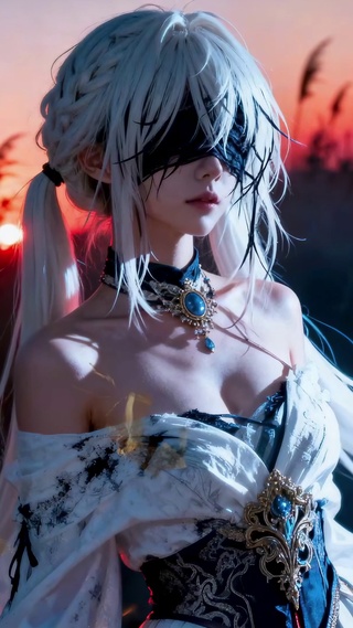 盲眼银发古夕阳下治愈意境少女