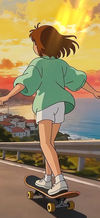 夕阳海边滑板女孩