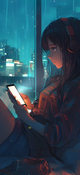 雨天夜晚玩手机的女孩