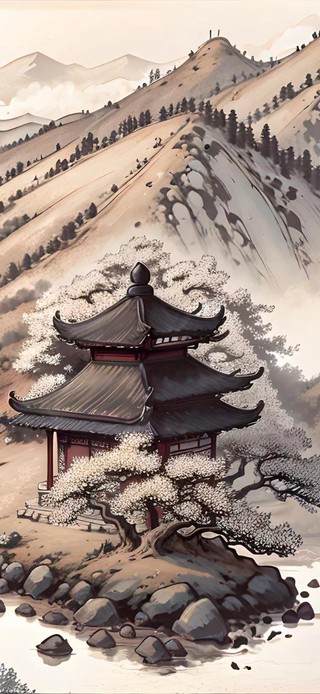 水墨国风山水凉亭