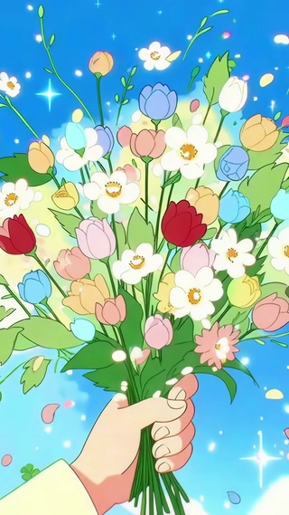 蓝天下的缤纷花束